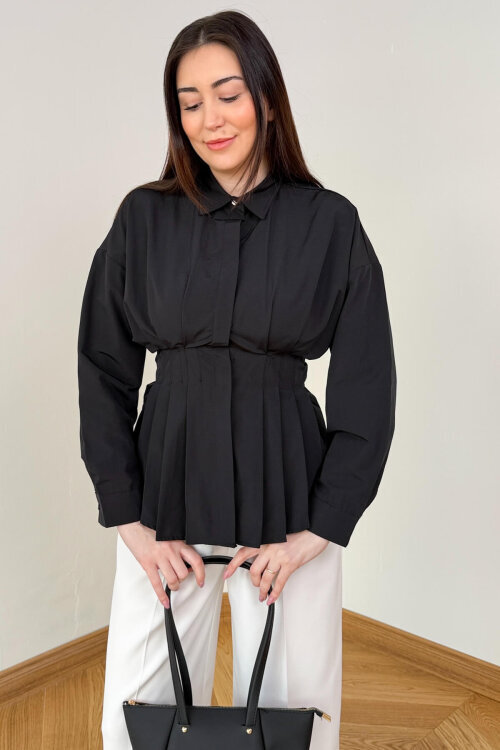 GML-10267 Siyah Pensli ve Tasarım Kesim Trikoton Gömlek 