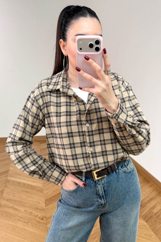 GML-2175 Bej-Siyah Kendinden Atletli Taş İşlemeli Asimetrik Tasarım Gömlek - 3