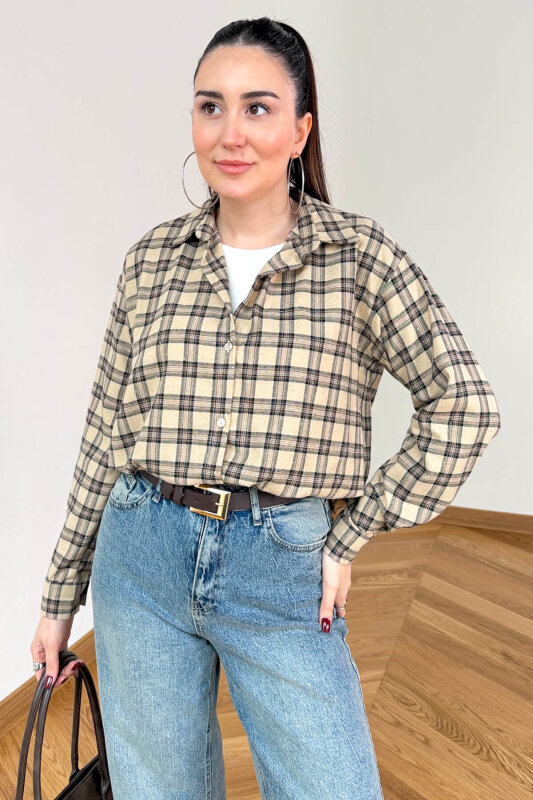 GML-2175 Bej-Siyah Kendinden Atletli Taş İşlemeli Asimetrik Tasarım Gömlek - 6