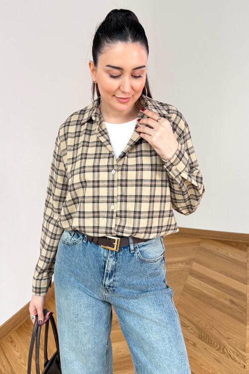 GML-2175 Bej-Siyah Kendinden Atletli Taş İşlemeli Asimetrik Tasarım Gömlek - 1