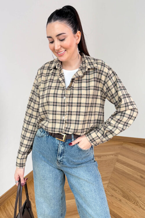 GML-2175 Bej-Siyah Kendinden Atletli Taş İşlemeli Asimetrik Tasarım Gömlek - 2