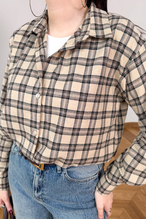 GML-2175 Bej-Siyah Kendinden Atletli Taş İşlemeli Asimetrik Tasarım Gömlek - 4