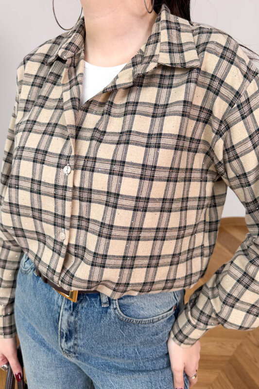 GML-2175 Bej-Siyah Kendinden Atletli Taş İşlemeli Asimetrik Tasarım Gömlek - 4