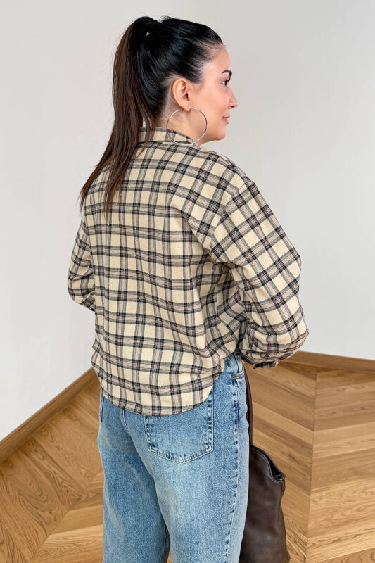 GML-2175 Bej-Siyah Kendinden Atletli Taş İşlemeli Asimetrik Tasarım Gömlek - 5