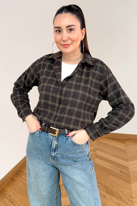 GML-2175 Haki-Kahve Kendinden Atletli Taş İşlemeli Asimetrik Tasarım Gömlek - 1