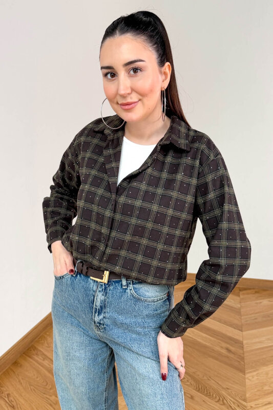 GML-2175 Haki-Kahve Kendinden Atletli Taş İşlemeli Asimetrik Tasarım Gömlek - 3