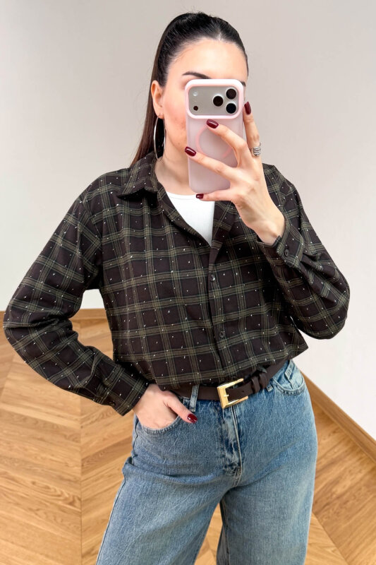 GML-2175 Haki-Kahve Kendinden Atletli Taş İşlemeli Asimetrik Tasarım Gömlek - 5