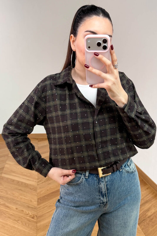 GML-2175 Haki-Kahve Kendinden Atletli Taş İşlemeli Asimetrik Tasarım Gömlek - 2