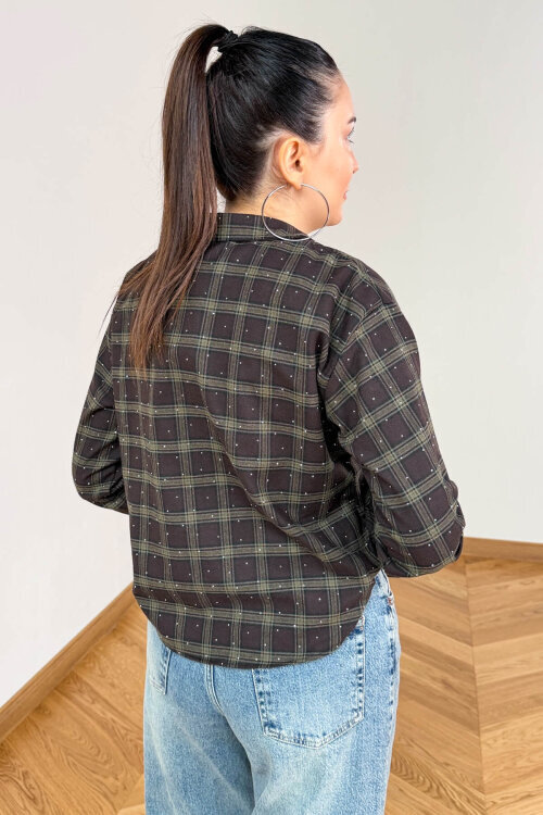 GML-2175 Haki-Kahve Kendinden Atletli Taş İşlemeli Asimetrik Tasarım Gömlek - 4