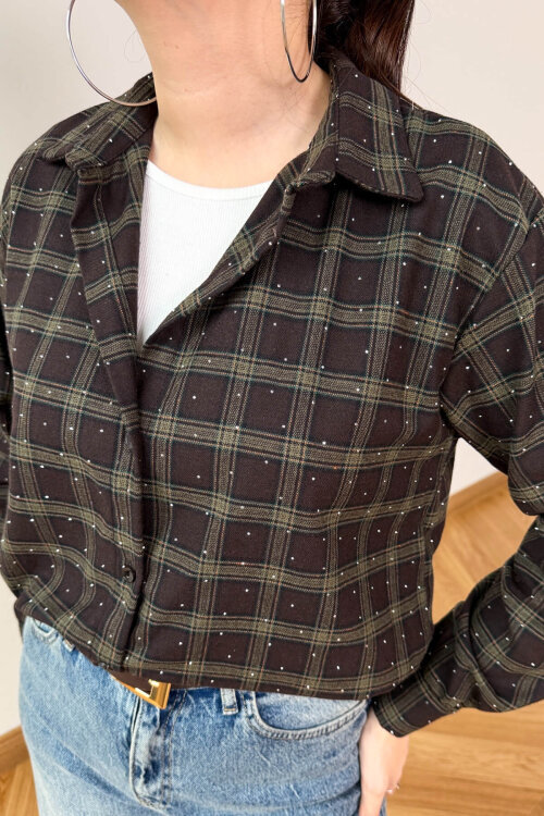 GML-2175 Haki-Kahve Kendinden Atletli Taş İşlemeli Asimetrik Tasarım Gömlek - 6