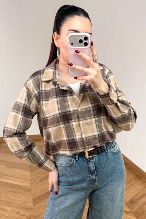 GML-2175 Kahve-Bej Kendinden Atletli Taş İşlemeli Asimetrik Tasarım Gömlek - 2