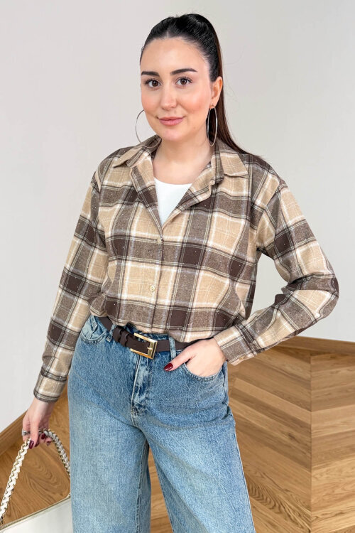 GML-2175 Kahve-Bej Kendinden Atletli Taş İşlemeli Asimetrik Tasarım Gömlek - 4