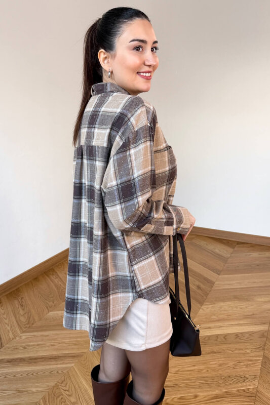 GML-2180 Bej-Kahve Ekose Taş Detaylı Fularlı Hakim Yaka Gömlek - 3