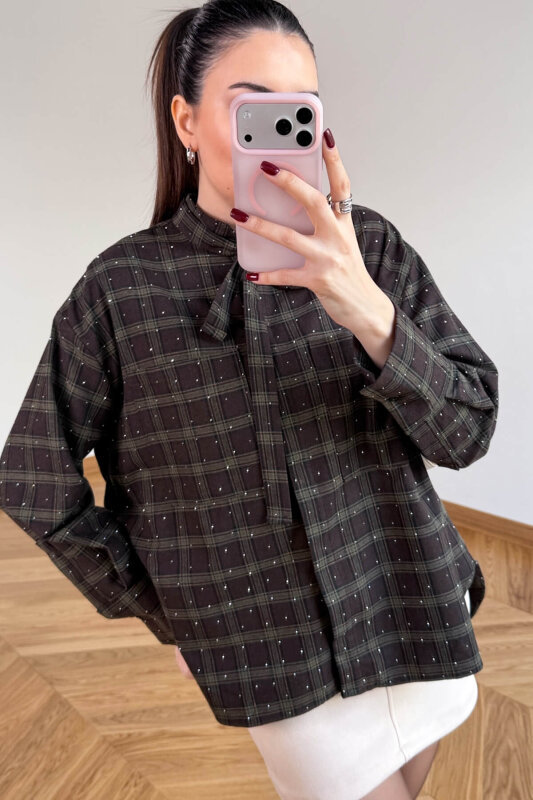 GML-2180 Kahve-Haki Ekose Taş Detaylı Fularlı Hakim Yaka Gömlek - 2