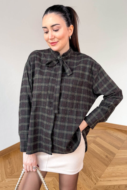 GML-2180 Kahve-Haki Ekose Taş Detaylı Fularlı Hakim Yaka Gömlek - 3