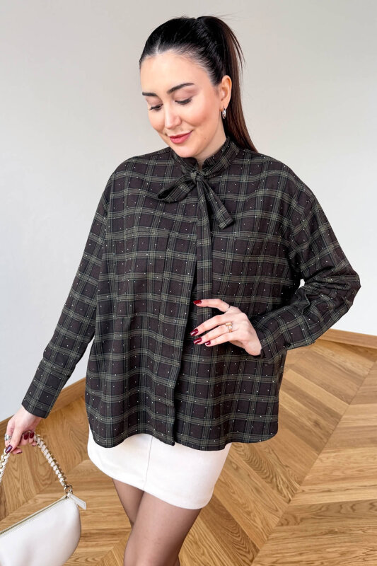 GML-2180 Kahve-Haki Ekose Taş Detaylı Fularlı Hakim Yaka Gömlek - 1