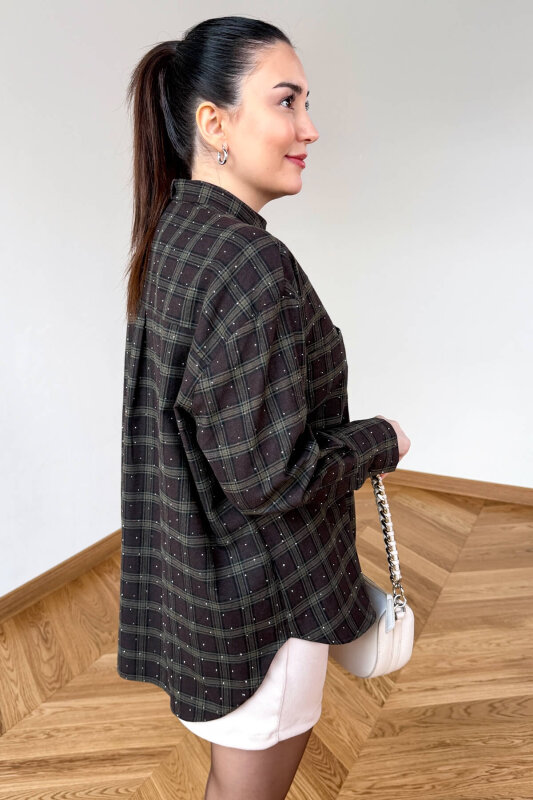 GML-2180 Kahve-Haki Ekose Taş Detaylı Fularlı Hakim Yaka Gömlek - 4