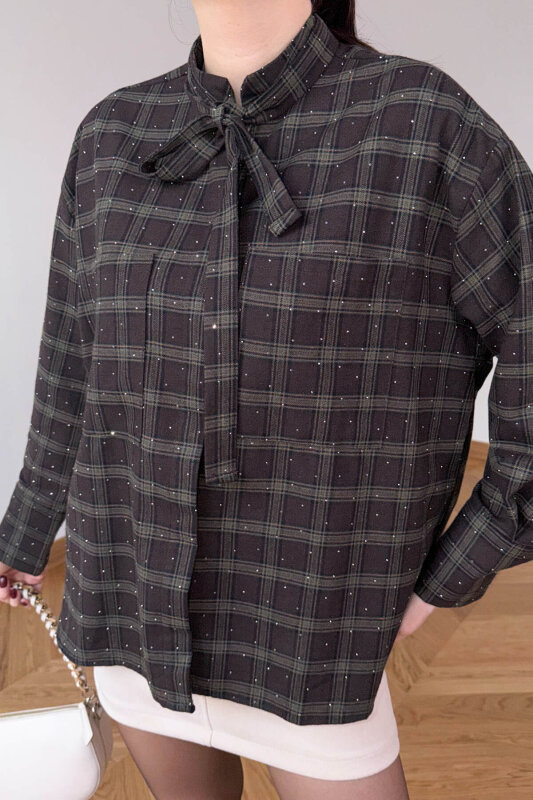 GML-2180 Kahve-Haki Ekose Taş Detaylı Fularlı Hakim Yaka Gömlek - 5