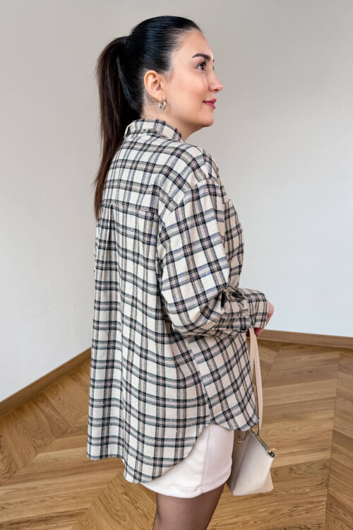 GML-2180 Krem-Siyah Ekose Taş Detaylı Fularlı Hakim Yaka Gömlek - 3