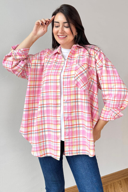 GML-25164 Pembe Ekoseli Renkli Oversize Gömlek - 2