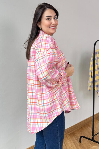 GML-25164 Pembe Ekoseli Renkli Oversize Gömlek - 3