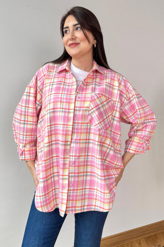 GML-25164 Pembe Ekoseli Renkli Oversize Gömlek - 4