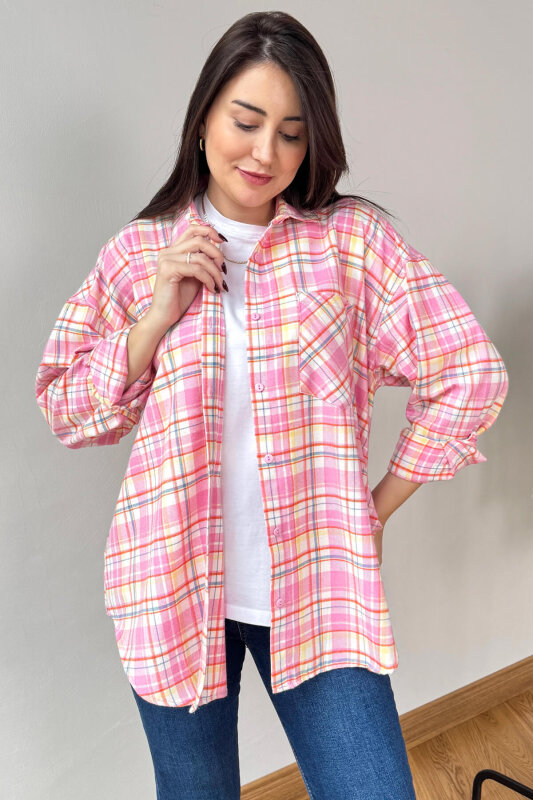 GML-25164 Pembe Ekoseli Renkli Oversize Gömlek - 1