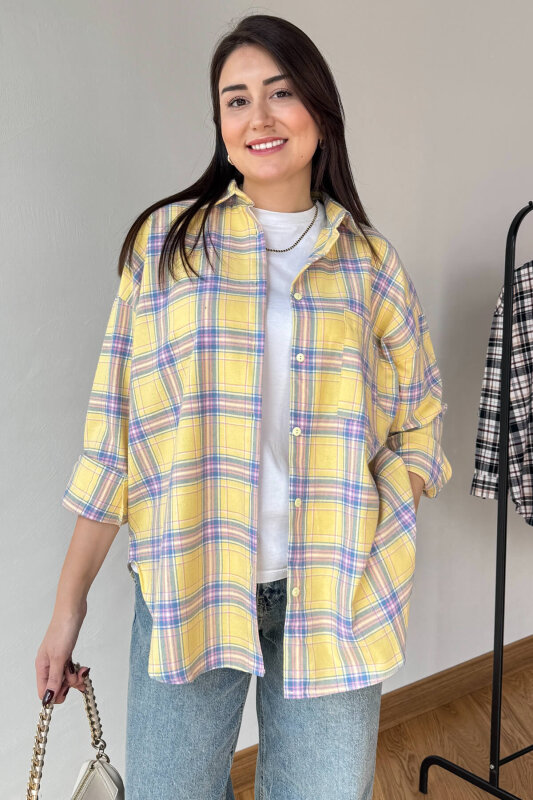 GML-25164 Sarı Ekoseli Renkli Oversize Gömlek - 1
