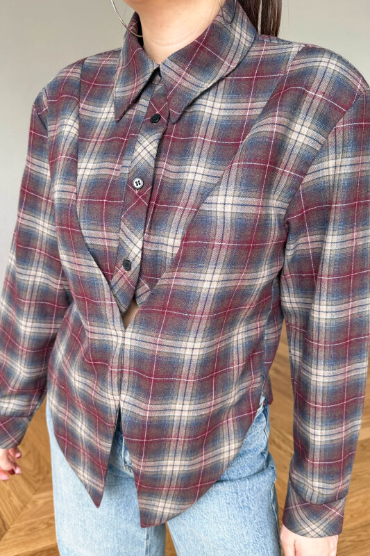 GML-253201 Bordo Ekose Vatkalı Tasarım Kesim Gömlek - 4