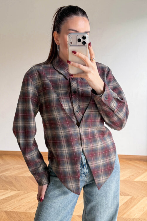 GML-253201 Bordo Ekose Vatkalı Tasarım Kesim Gömlek - 5