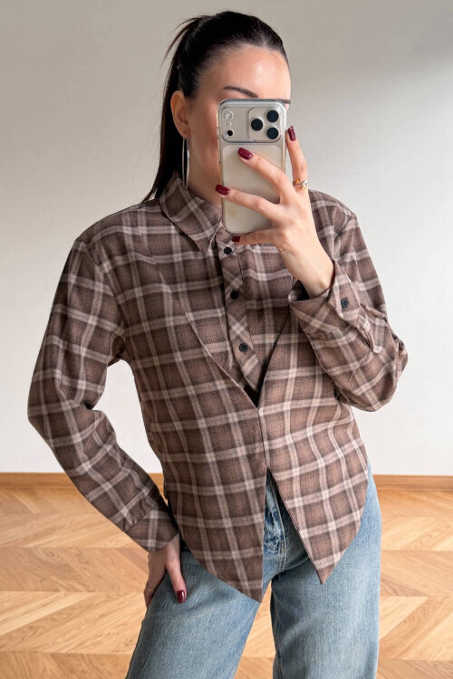 GML-253201 Kahverengi Ekose Vatkalı Tasarım Kesim Gömlek - 5