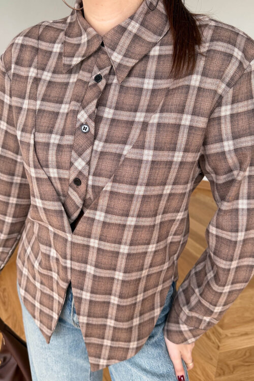 GML-253201 Kahverengi Ekose Vatkalı Tasarım Kesim Gömlek (1)