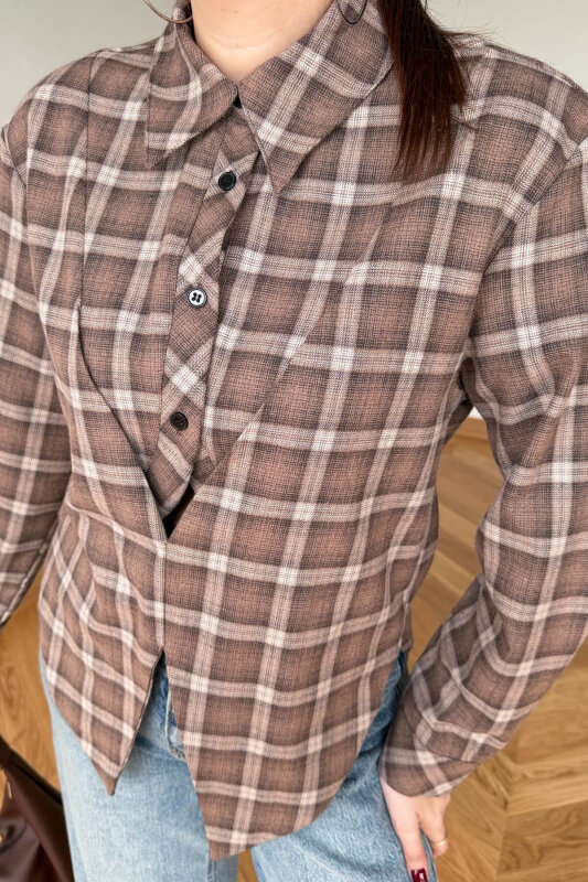 GML-253201 Kahverengi Ekose Vatkalı Tasarım Kesim Gömlek - 2