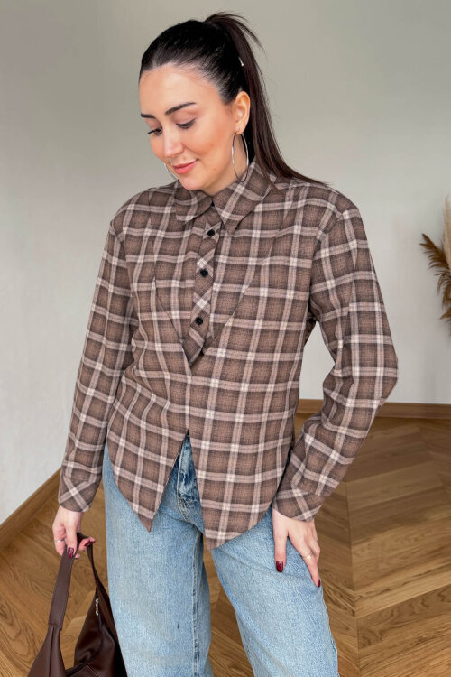 GML-253201 Kahverengi Ekose Vatkalı Tasarım Kesim Gömlek