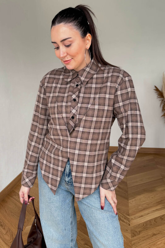 GML-253201 Kahverengi Ekose Vatkalı Tasarım Kesim Gömlek - 1