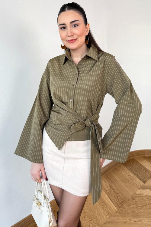 GML-3211 Haki Çizgili Bel Bağlamalı Crop Gömlek - 2