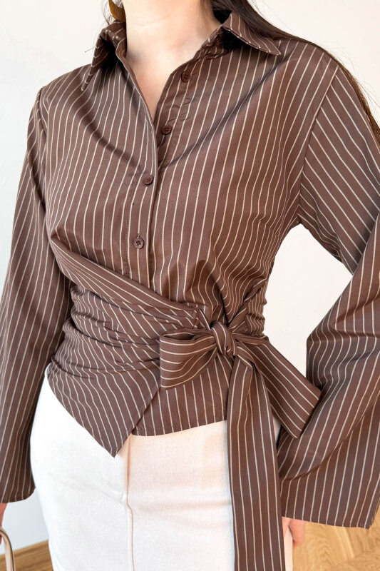 GML-3211 Kahverengi Çizgili Bel Bağlamalı Crop Gömlek - 3