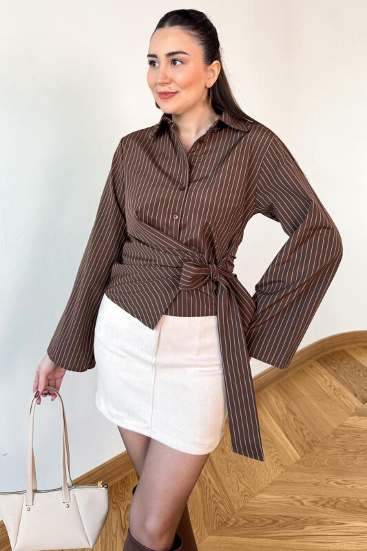 GML-3211 Kahverengi Çizgili Bel Bağlamalı Crop Gömlek - 4