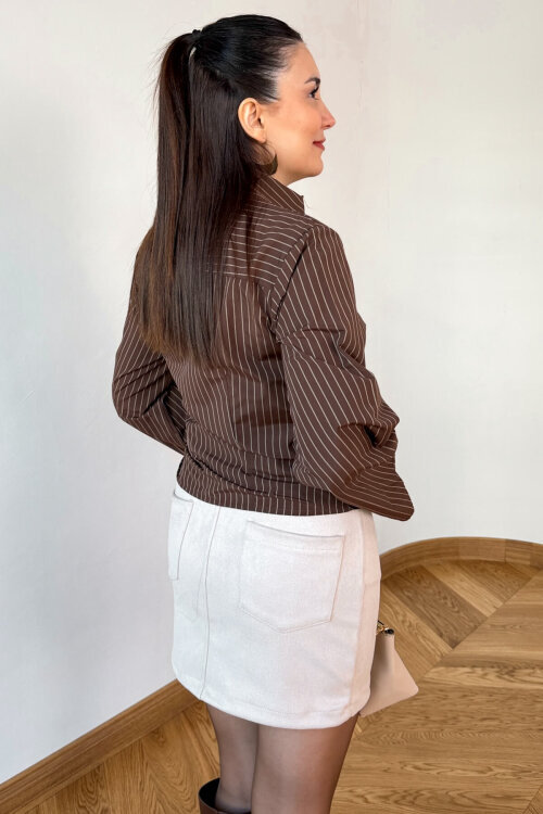 GML-3211 Kahverengi Çizgili Bel Bağlamalı Crop Gömlek - 5