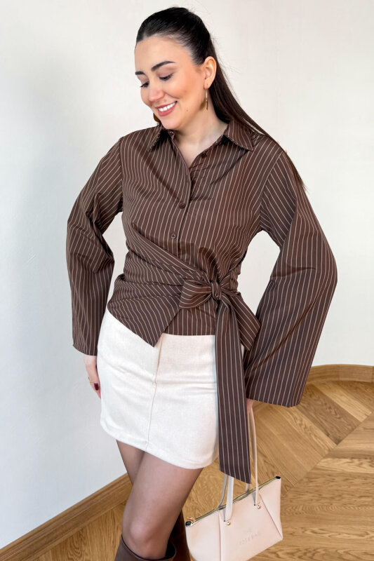 GML-3211 Kahverengi Çizgili Bel Bağlamalı Crop Gömlek - 1