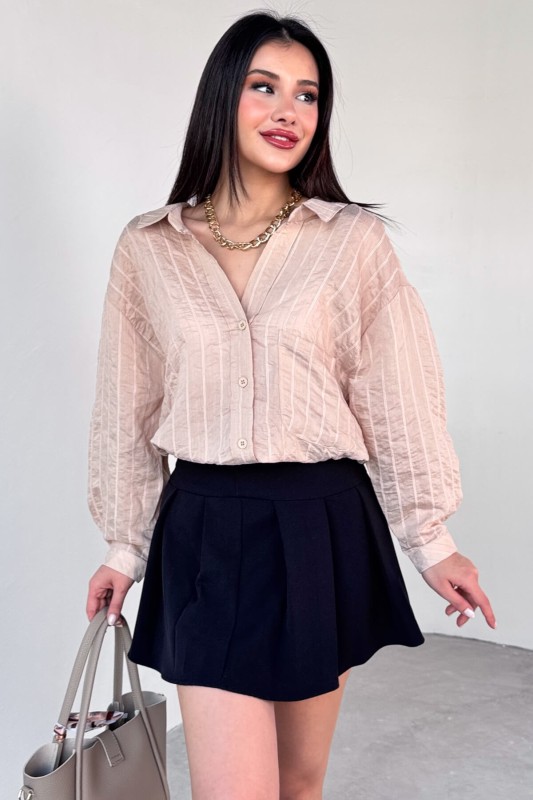 GML-4758 Taş Rengi İnce Çizgili Oversize Gömlek  - 2