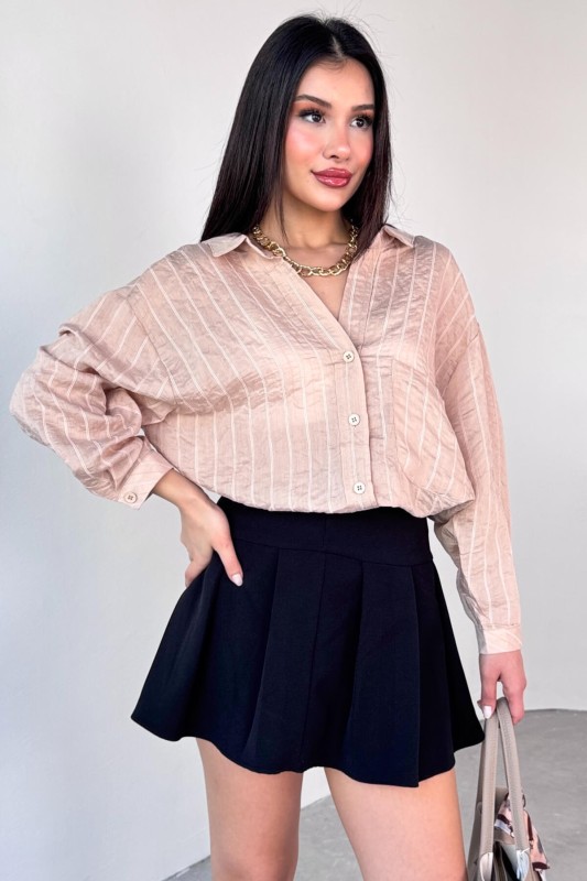 GML-4758 Taş Rengi İnce Çizgili Oversize Gömlek  - 3