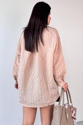 GML-4758 Taş Rengi İnce Çizgili Oversize Gömlek  - 4
