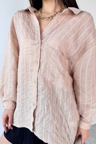 GML-4758 Taş Rengi İnce Çizgili Oversize Gömlek  - 5