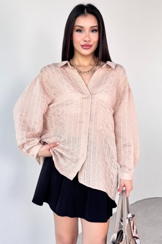 GML-4758 Taş Rengi İnce Çizgili Oversize Gömlek  - 6