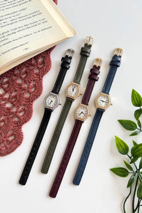 Golden Bordo Taşlı Kadran Deri Dokulu Kordon Kadın Kol Saati (1)