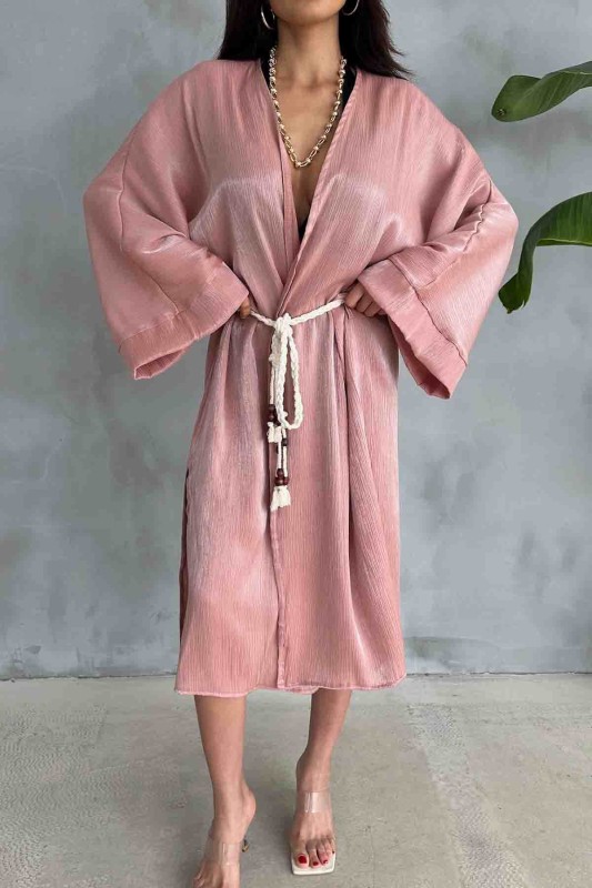 HRK-19102 Gül Kurusu Effect Saten Kumaş Halat Kuşaklı Uzun Kimono - 2