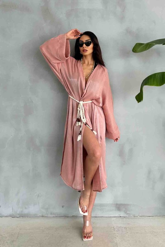 HRK-19102 Gül Kurusu Effect Saten Kumaş Halat Kuşaklı Uzun Kimono - 1