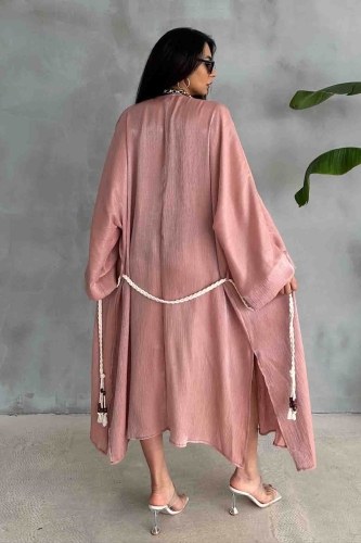 HRK-19102 Gül Kurusu Effect Saten Kumaş Halat Kuşaklı Uzun Kimono - 4