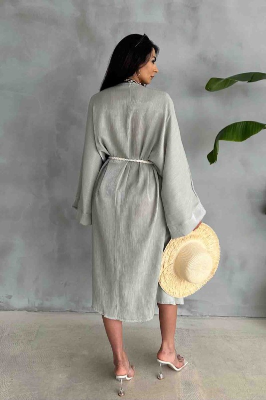 HRK-19102 Yeşil Effect Saten Kumaş Halat Kuşaklı Uzun Kimono - 5